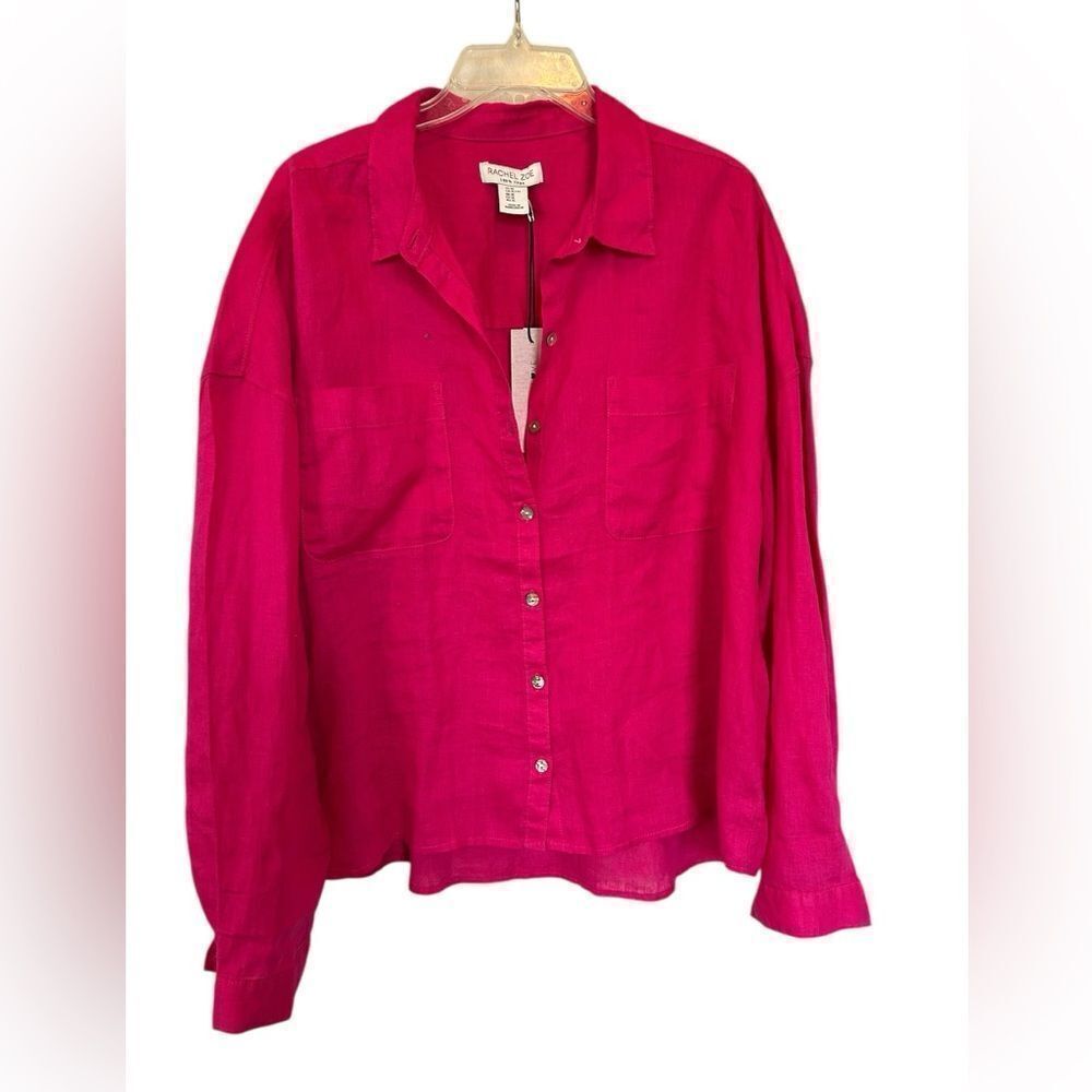 Rachel Zoe Hot Pink 100% Linen Long Sleeve Button Hi lo Shirt XL NWT